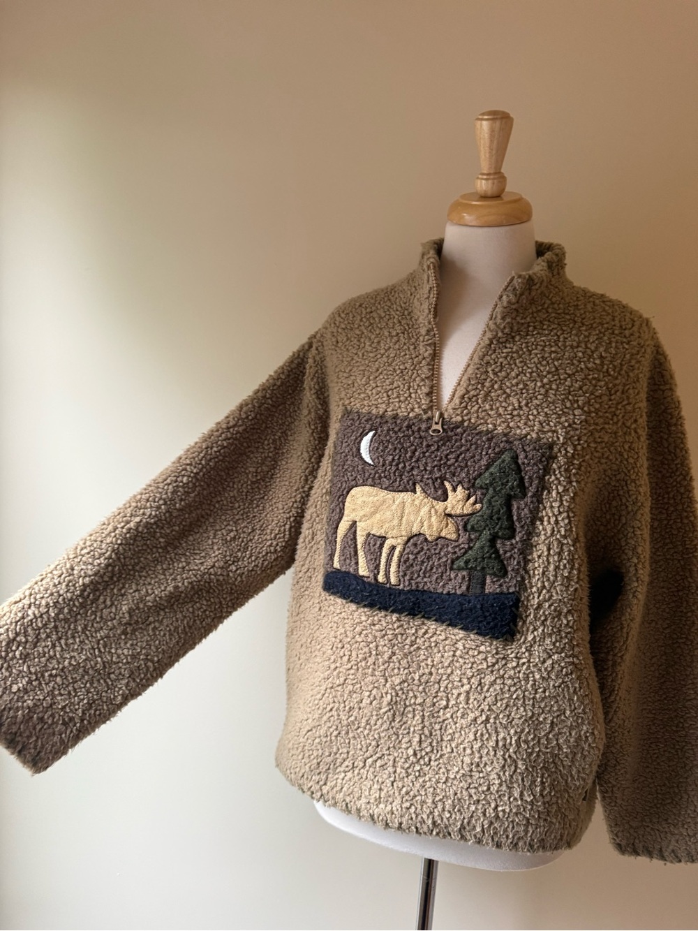 Vintage Woolrich Sherpa Fleece Moose Appliqué Quarter Zip Pullover - Picture 4 of 10